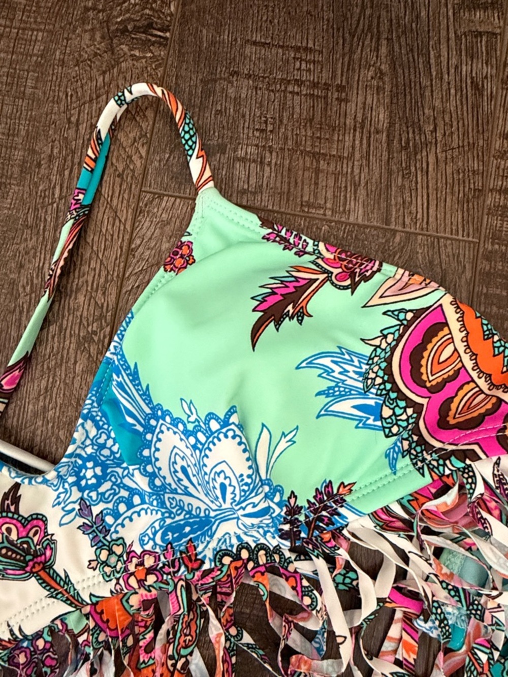 Hobie Turquoise Multi-Color Fringe Bikini Top - Picture 3 of 7